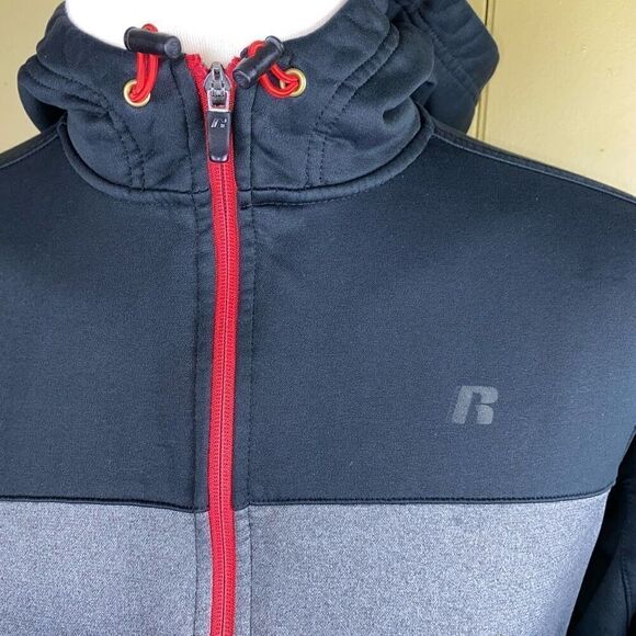 Russell men M fu zip hooded jacket w/front pockets grey black red - Picture 2 of 10